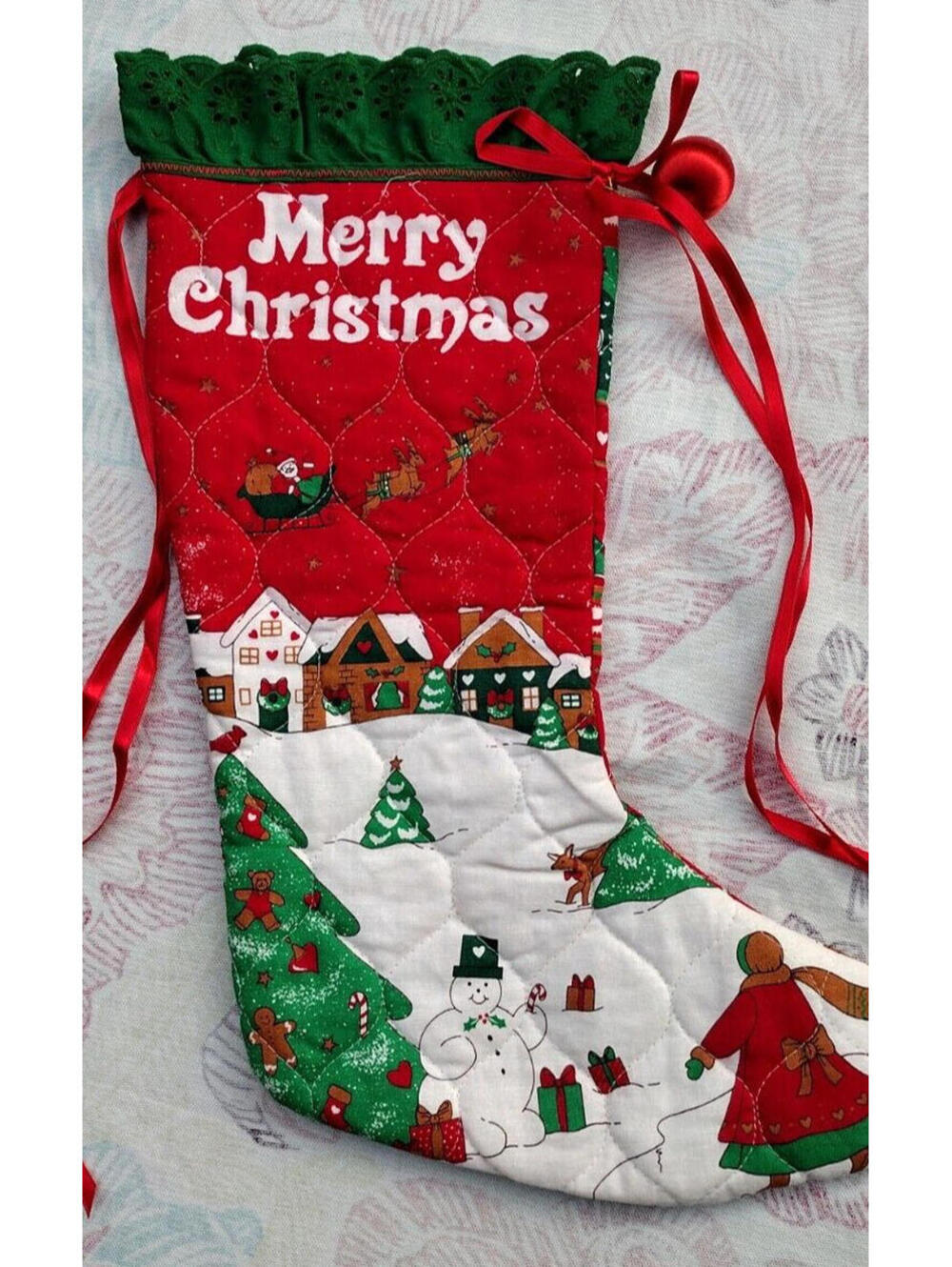 MERRY CHRISTMAS Vintage Stocking 16 in Quilted Fabric Red Ornament Satin Ribbon